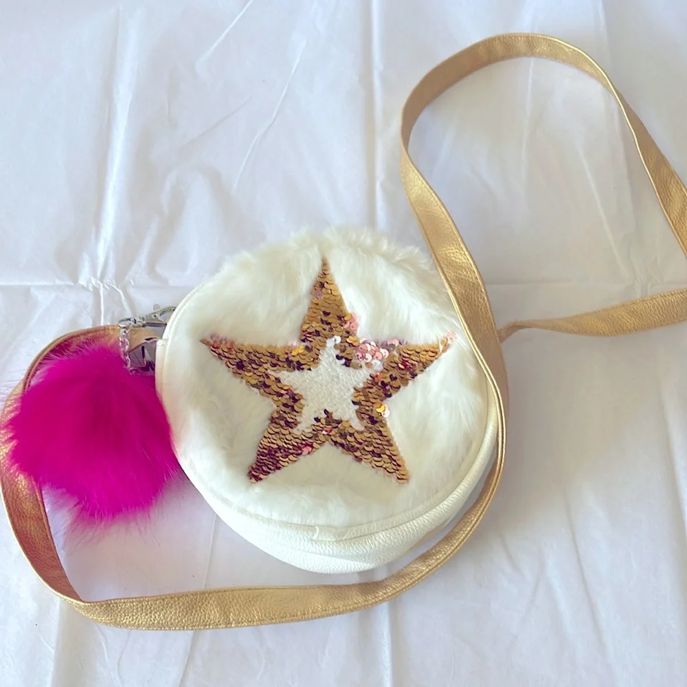 American girl round‎ crossbody purse gold strap sequins star faux fur detail